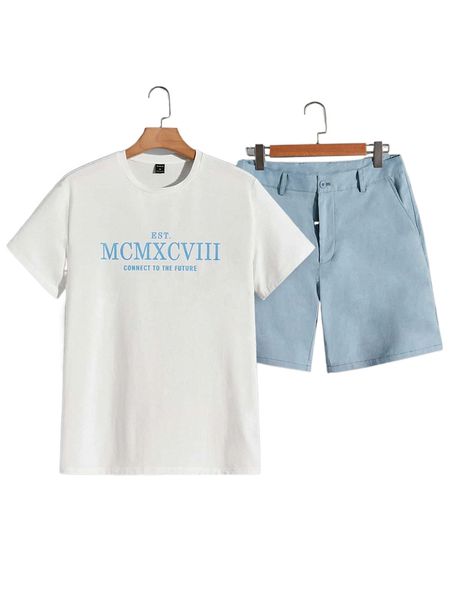 

men slogan graphic tee & shorts set g56u#, Gray