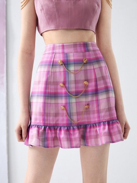 

x crybaby chain & button detail plaid ruffle hem skirt x2an#, Black