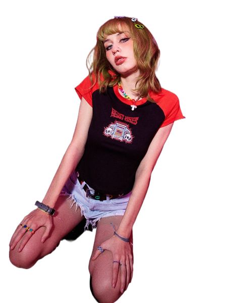 

romwe x welnust street life skull letter graphic raglan sleeve tee k90v#, White