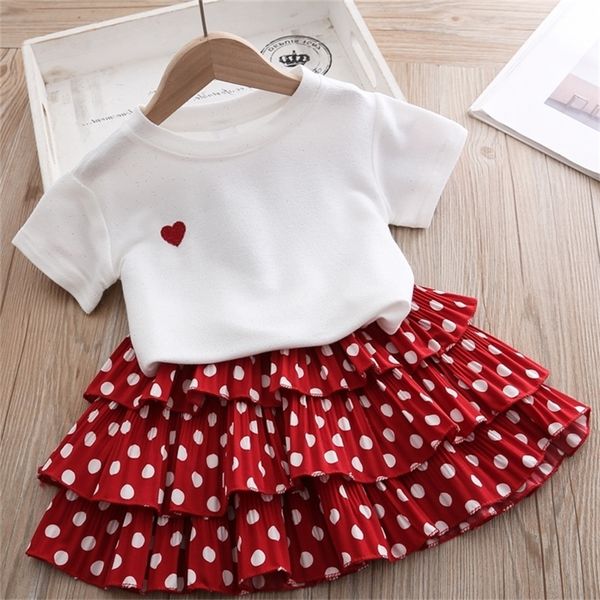 Roupas infantis meninas meninas terno de verão amor manga curta polka bolo bolo vestido de duas peças moda 220620