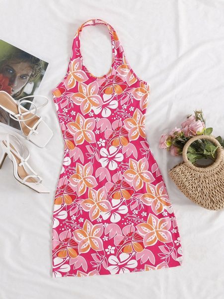 

floral print halter dress s1sj#, Black;gray