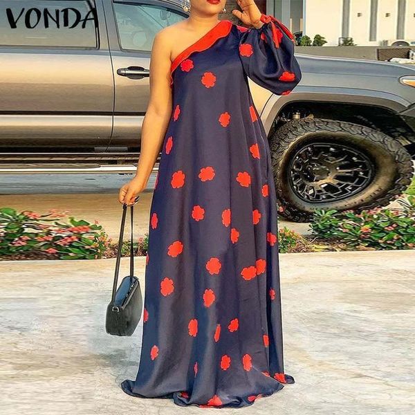 Kadınlar Yaz Sundress Çiçek Baskı Partisi Maxi Elbise Vonda Vintage Style One Omuz Seksi Elbiseler Bohem Plajı Vestidos 220521