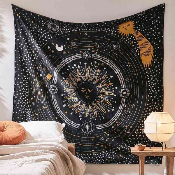 Nachthimmel Himmlischer Teppich Wandbehang Ästhetisches Mandala Ouija Sonne Mond Sterne Psychedelischer Wandteppich Boho Home Decor Decke J220804