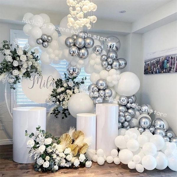 125pcs Wedding Decoration Balloon Garland Kit Silver White Chrome Globos 4D Boldy Baby Shower Background Party Party Supplies 220523