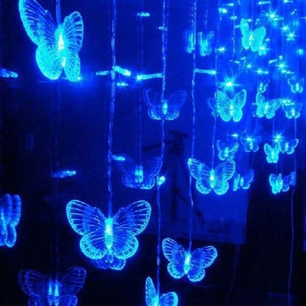 Blauer Schmetterling, LED-Vorhang, Eiszapfen-Lichter, LED-Feiertags-Lichterkette, Jahresgirlande, Hochzeitsfeier, Dekoration, 3,5 m, 96 Glühbirnen 201203