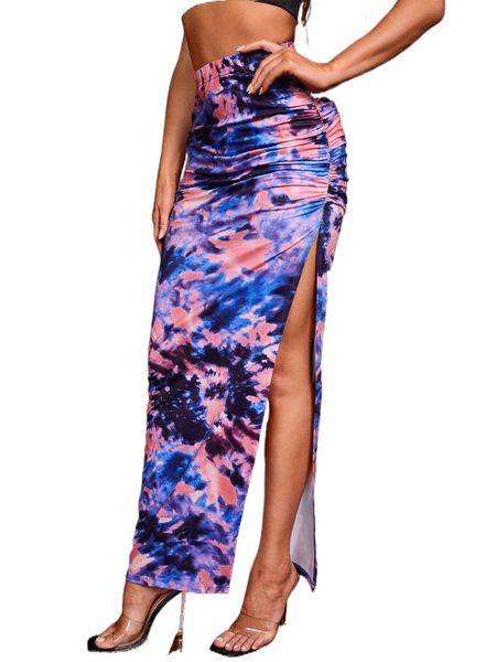 

ruched split thigh tie dye skirt i1wz#, Black