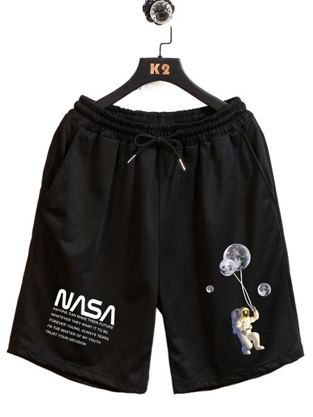 

men astronaut and slogan graphic drawstring waist shorts 22ao#, White;black