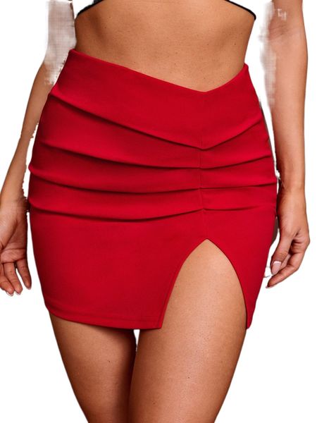 

solid fold pleated slit hem skirt 65is#, Black