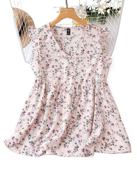 

plus allover floral print frill trim blouse t6ok#, Black