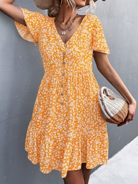 

ditsy floral flutter sleeve button front ruffle hem dress p2rc#, Black;gray