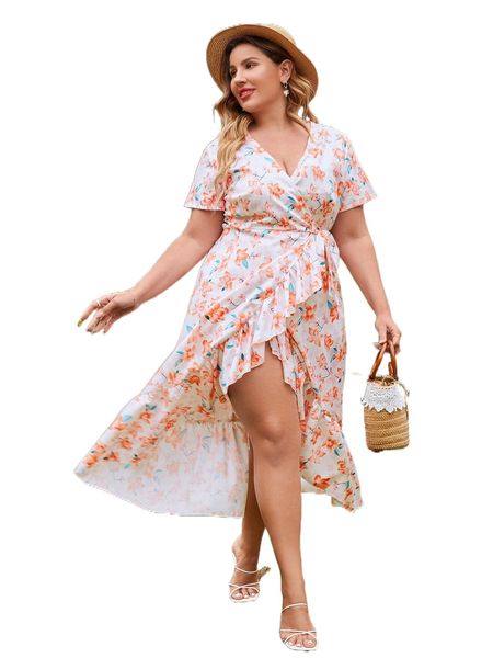 

plus allover floral print ruffle trim tie side wrap dress s1xw#, Black