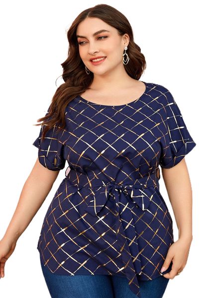 

plus golden plaid print dolman sleeve belted blouse v1bd#, Black