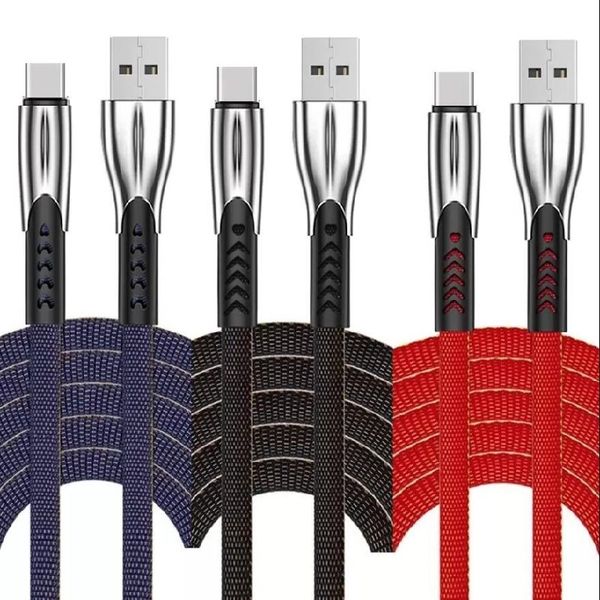 1m 3ft 3A Hızlı Şarj Kabloları Tip C USB-C Mikro USB Kablo Kumaş Alaşım çinko Samsung S8 S9 S10 S20 S22 HTC LG Android Telefon