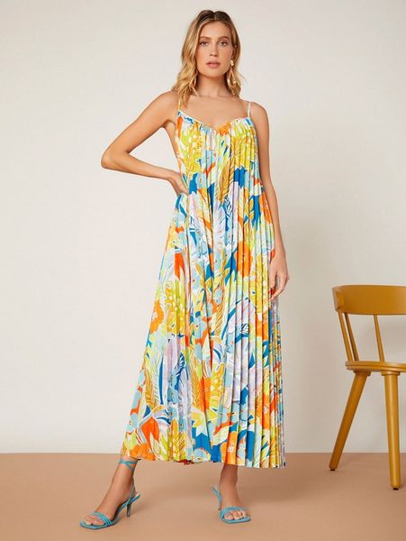 

tropical print pleated cami dress d2zd#, Black;gray