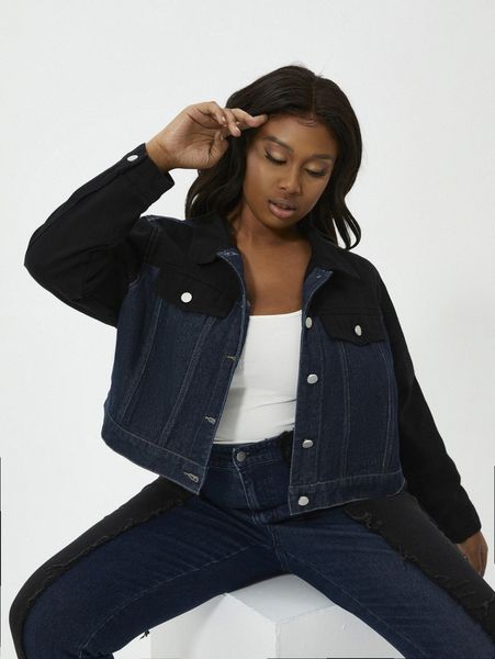 

plus contrast panel flap detail denim jacket h5jh#, Black;brown