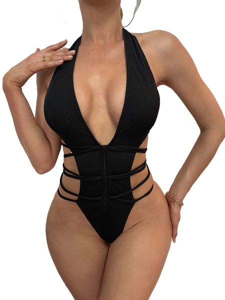 

lace up halter one piece swimsuit q6j0#, White;black