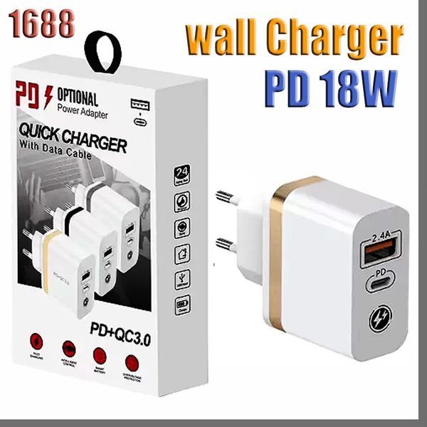 Adaptador de carregador de parede 1688AA USB 18W Tipo C PD 2.4A Carregamento rápido EUA Plug Charger para todos os telefones samsung huawei branco Caixa de varejo