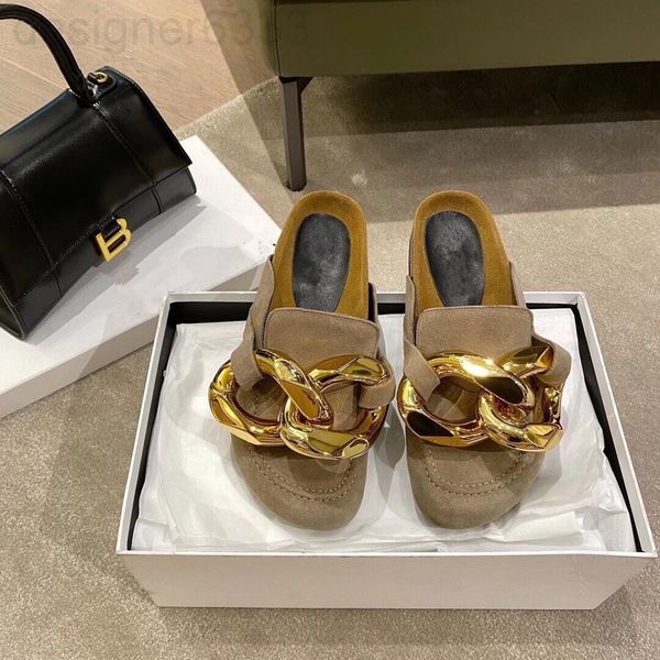 

sandals designer korean spring product niche fashion baotou drag metal chain decoration lazy shoes outdoor slippers ajw2, Black