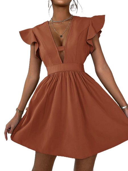 

plunging neck flutter sleeve dress d6tz#, Black;gray