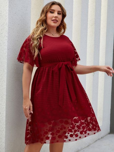 

plus contrast dobby mesh butterfly sleeve belted dress g7dz#, Black