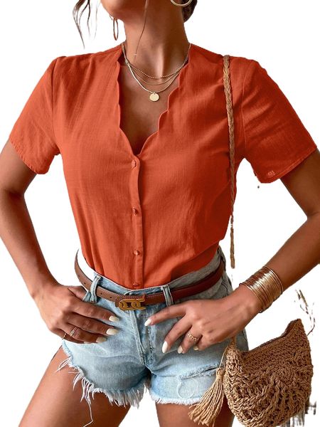 

scallop trim button front blouse e58r#, White