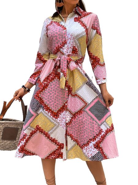 

random scarf print belted shirt dress l1nq#, Black;gray