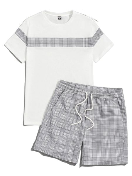 

men plaid tee & drawstring waist shorts l87v#, Gray