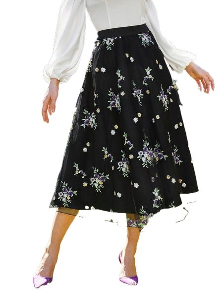 

floral embroidery mesh skirt i9fn#, Black