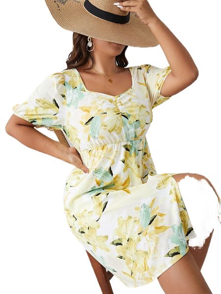 

plus floral sweetheart neck split hem dress e4mi#, Black