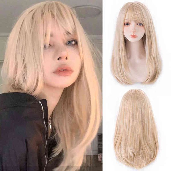 

nxy medium length straight hair synthetic wig women golden pink black brown bangs cosplay lolita 220622