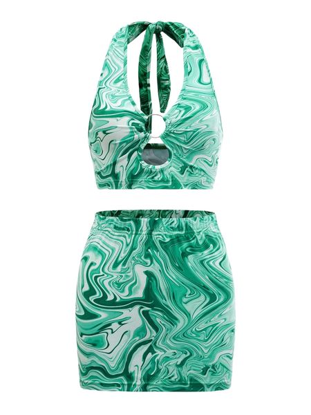 

marble print ring linked cut out tie back halter & skirt j90d#, White