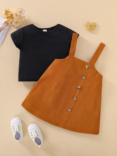 

toddler girls solid tee & fake button overall dress she, White