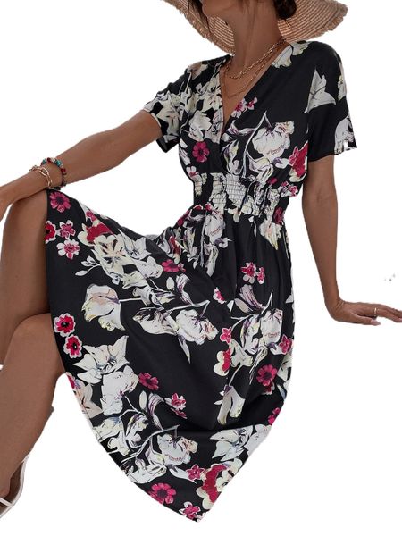 

allover floral shirred wrap dress q020#, Black;gray