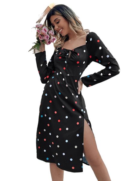 

polka dot tie front sweetheart neck slit thigh dress l6rr#, Black;gray