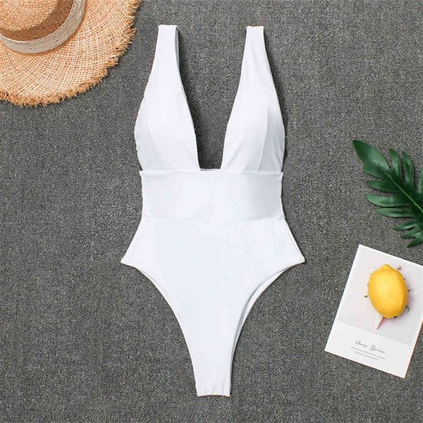 Profondo V Bianco Monokini Scollatura Perizoma Costume da bagno Donna Costume da bagno Body Bianco Donna Costumi da bagno Costume da bagno femminile 210407