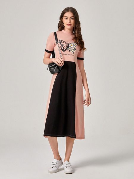 

floral & butterfly print colorblock dress d3hl#, Black;gray