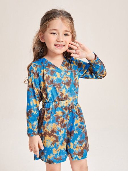 

toddler girls tie dye surplice neck elastic waist romper she, Blue