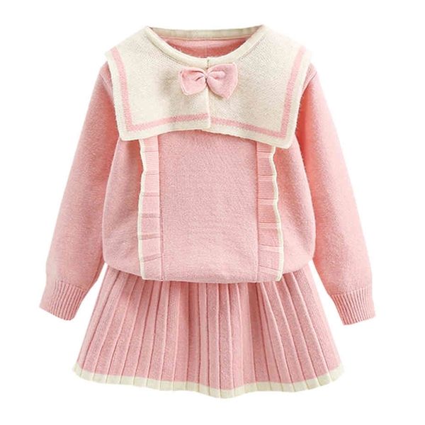 

girls clothing knitted suit for girls patchwork sweater skirt outfits for girls spring autumn children's costume 210412, White