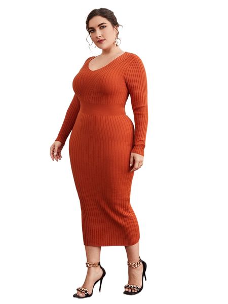 

plus scoop neck rib-knit bodycon sweater dress 1674#, Black