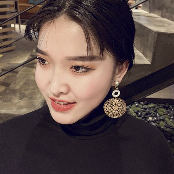 

925 silver needle european and american exaggerated big earrings hollow carved round metal earrings female korean long elegant eardrop, Golden