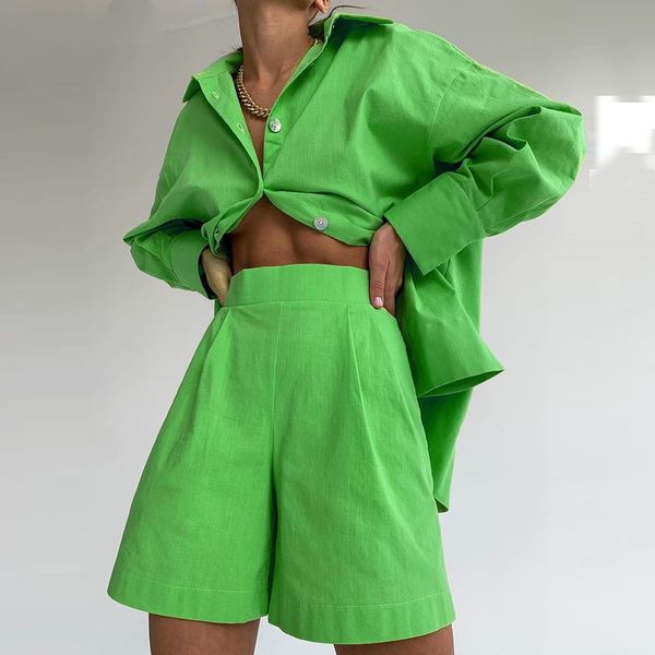 

women's two piece pants casual women shirt suit set tracksuit loungewear women outfits oversized long shirts and high waist shorts gree, White