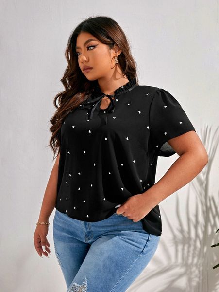 

plus heart print ruffle trim tie neck blouse 88go#, Black