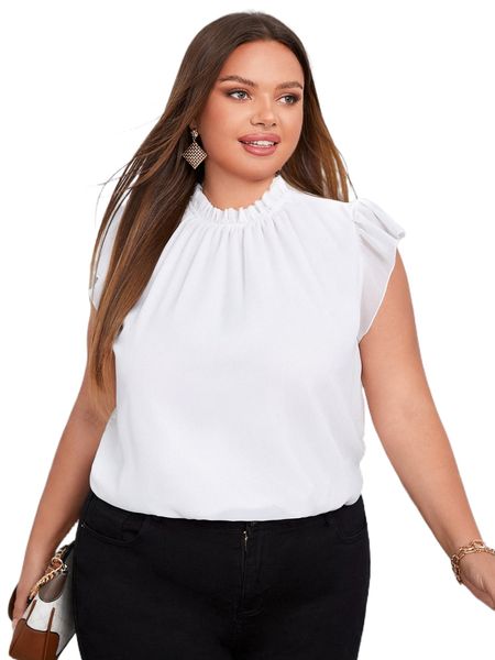 

plus solid frill neck cap sleeve blouse t9xv#, Black