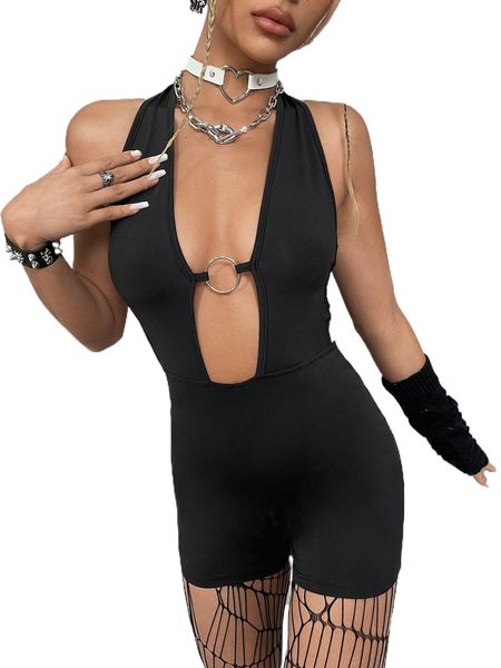 

ring linked crisscross side tie back unitard halter romper c5a9#, Black;white