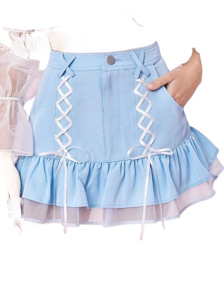 

mod lace up front contrast mesh layered hem skirt w1hq#, Black