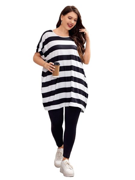 

plus striped batwing sleeve tee & pants m1ns#, Black