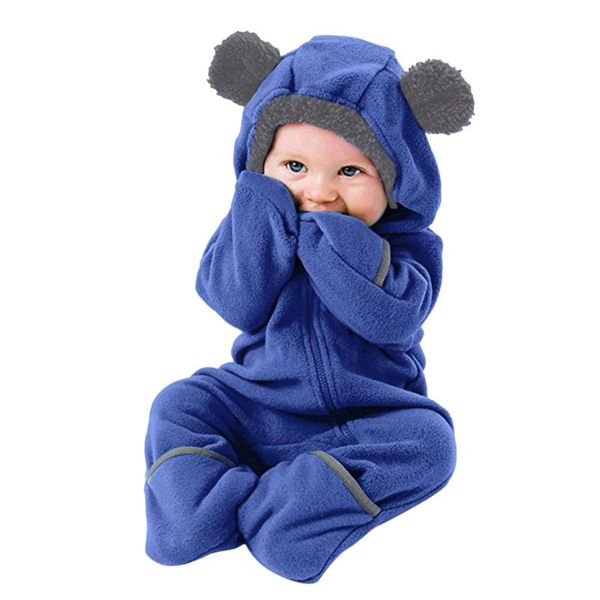 

jumpsuits 3 6 12 18 24 months born baby boy girl romper spring winter bear ears hooded fleece jumpsuit outfit children's clothes, Blue