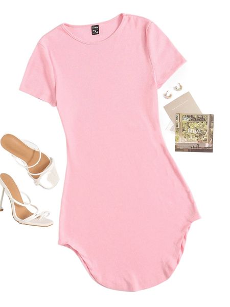 

solid asymmetrical hem tee dress n668#, Black;gray