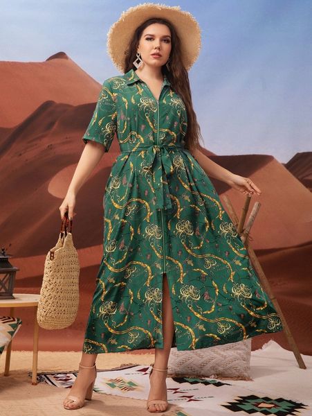 

plus chain print belted shirt dress d99v#, Black