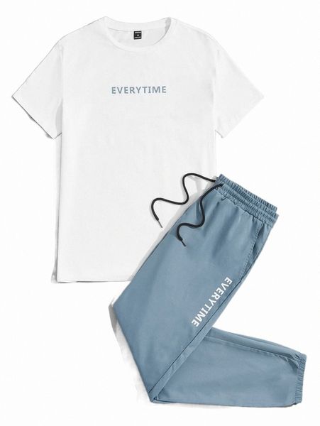 

men letter graphic tee & drawstring waist pants set r51q#, Gray
